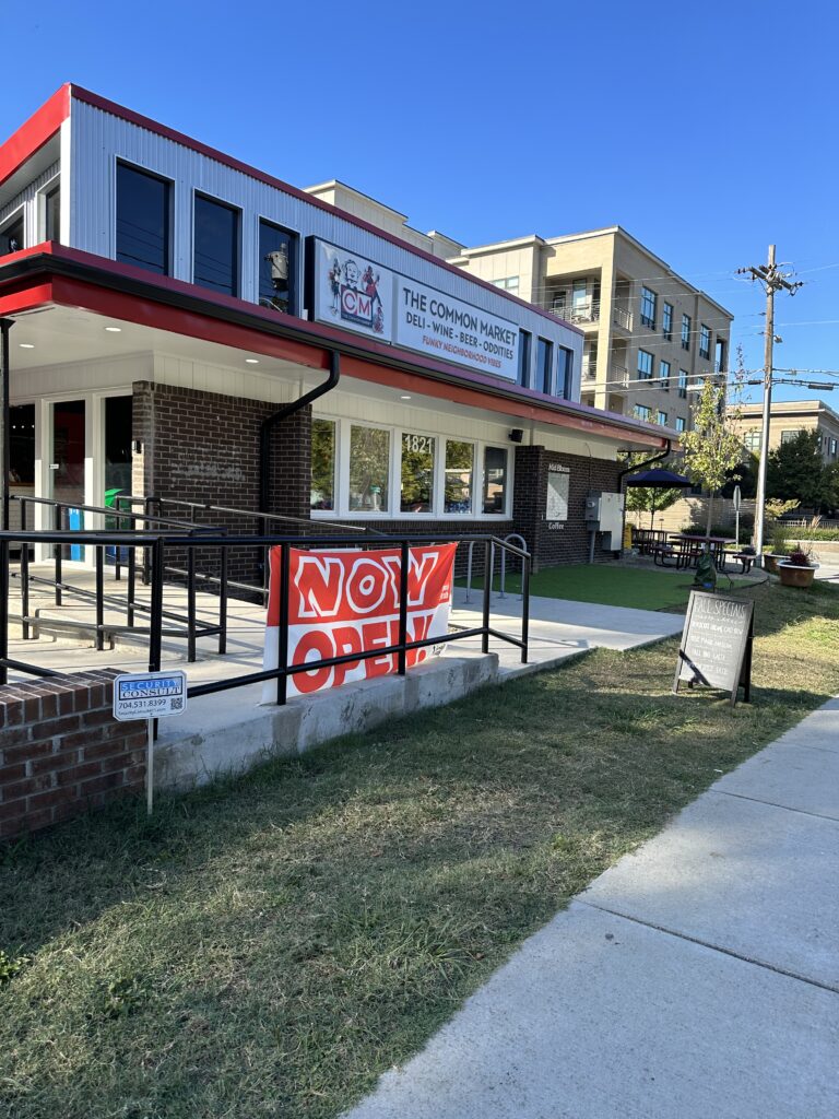 Front of building "The Common Market" with Now Open banner